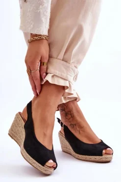 Hot Boto Zamszowe Sandały Na Koturnie Czarne Elsie