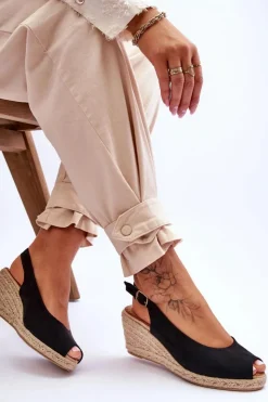 Hot Boto Zamszowe Sandały Na Koturnie Czarne Elsie