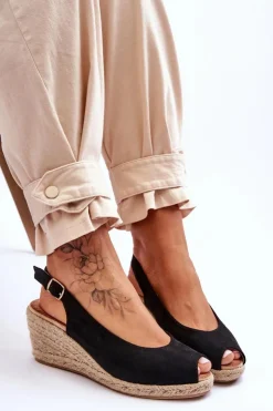 Hot Boto Zamszowe Sandały Na Koturnie Czarne Elsie