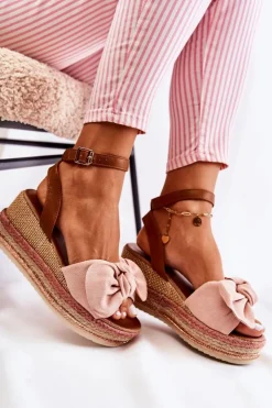 Damskie Boto Zamszowe Sandały Na Koturnie Różowe Natina