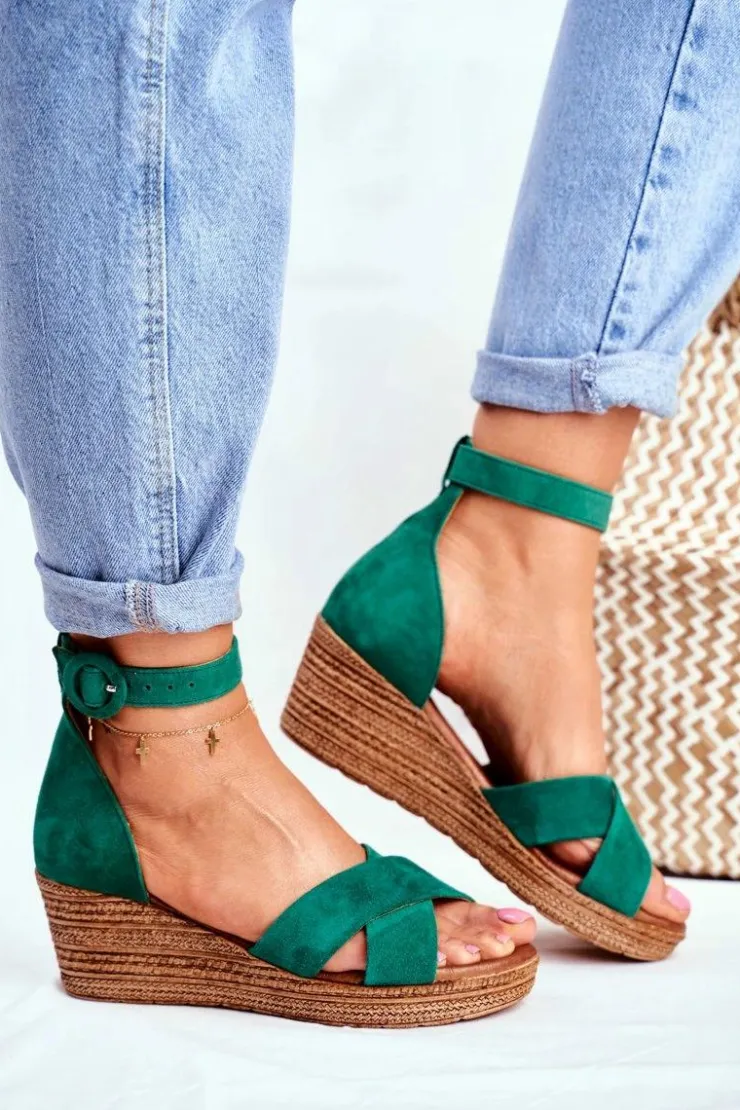 Damskie Maciejka Zamszowe Sandały Na Koturnie 04565-09 Zielone