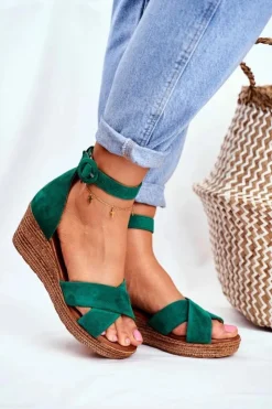Damskie Maciejka Zamszowe Sandały Na Koturnie 04565-09 Zielone