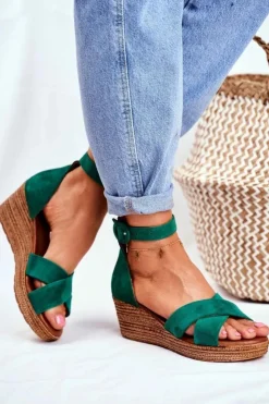 Damskie Maciejka Zamszowe Sandały Na Koturnie 04565-09 Zielone