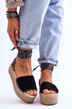 Damskie Boto Zamszowe Sandały Na Koturnie Czarne Livia