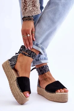 Damskie Boto Zamszowe Sandały Na Koturnie Czarne Livia