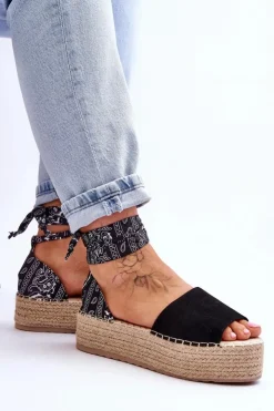 Damskie Boto Zamszowe Sandały Na Koturnie Czarne Livia