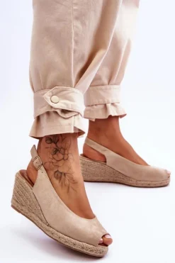 Damskie Boto Zamszowe Sandały Na Koturnie Beżowe Elsie