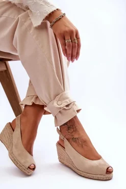 Damskie Boto Zamszowe Sandały Na Koturnie Beżowe Elsie