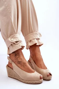 Damskie Boto Zamszowe Sandały Na Koturnie Beżowe Elsie