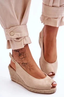 Damskie Boto Zamszowe Sandały Na Koturnie Beżowe Elsie