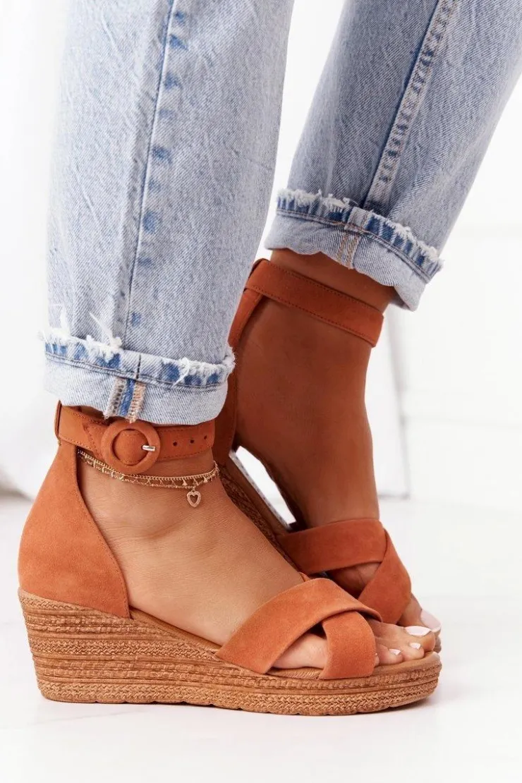 Damskie Maciejka Zamszowe Sandały Na Koturnie 04565-29 Rude