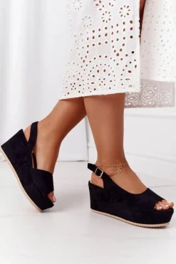 Boto Sandały Na Koturnie*Zamszowe Sandały Na Koturnie Czarne Party Time