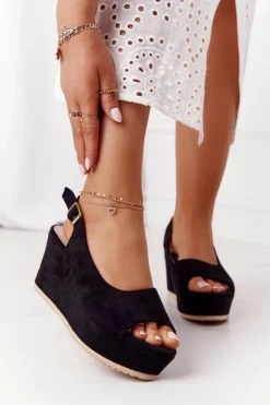 Boto Sandały Na Koturnie*Zamszowe Sandały Na Koturnie Czarne Party Time