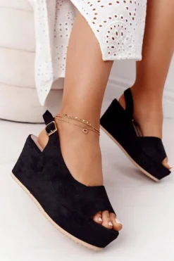 Boto Sandały Na Koturnie*Zamszowe Sandały Na Koturnie Czarne Party Time