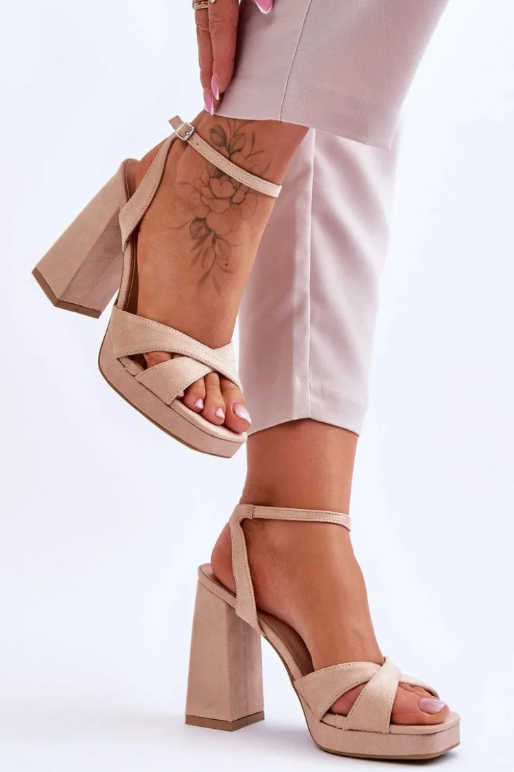 Outlet Boto Zamszowe Sandały Na Kwadratowym Obcasie Beżowe Powerful