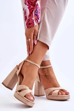 Outlet Boto Zamszowe Sandały Na Kwadratowym Obcasie Beżowe Powerful