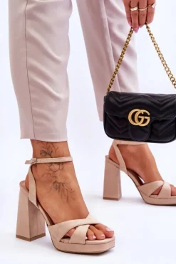 Outlet Boto Zamszowe Sandały Na Kwadratowym Obcasie Beżowe Powerful