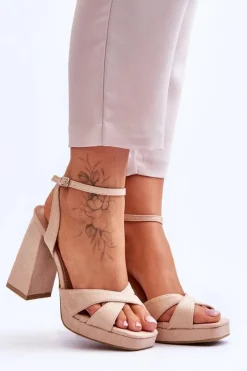 Outlet Boto Zamszowe Sandały Na Kwadratowym Obcasie Beżowe Powerful