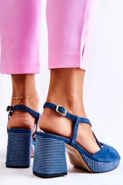 Damskie Maciejka Zamszowe Sandały Na Masywnym Obcasie 05543-17 Granatowe