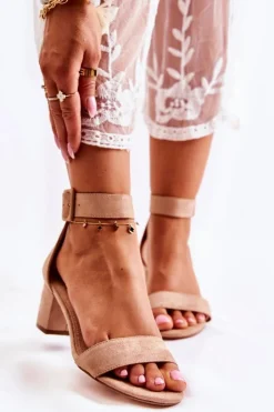 Damskie buty S.Barski Sandały Na Obcasie*Zamszowe Sandały Na Niskim Słupku Beżowe Graciell