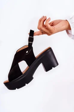 Boto Zamszowe Sandały Na Obcasie Czarne Arlena