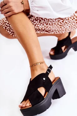 Boto Zamszowe Sandały Na Obcasie Czarne Arlena