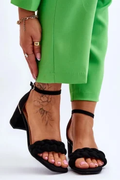New Boto Zamszowe Sandały Na Obcasie Z Ozdobnym Warkocze Czarne Azela