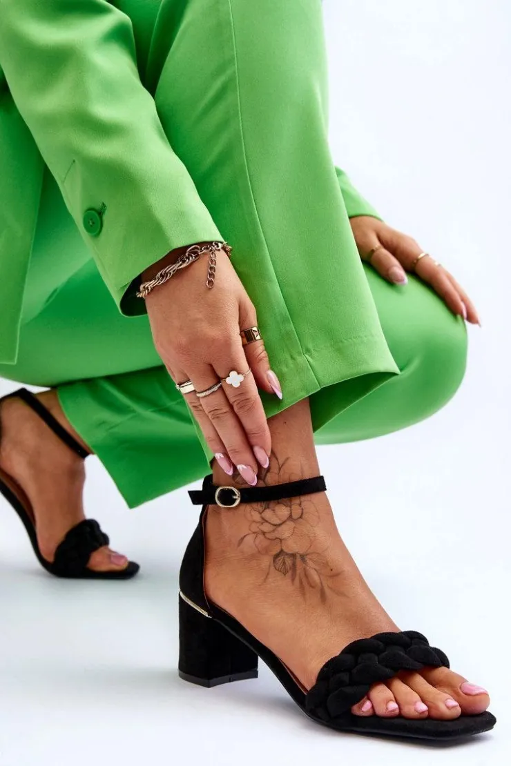 New Boto Zamszowe Sandały Na Obcasie Z Ozdobnym Warkocze Czarne Azela