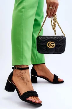 New Boto Zamszowe Sandały Na Obcasie Z Ozdobnym Warkocze Czarne Azela