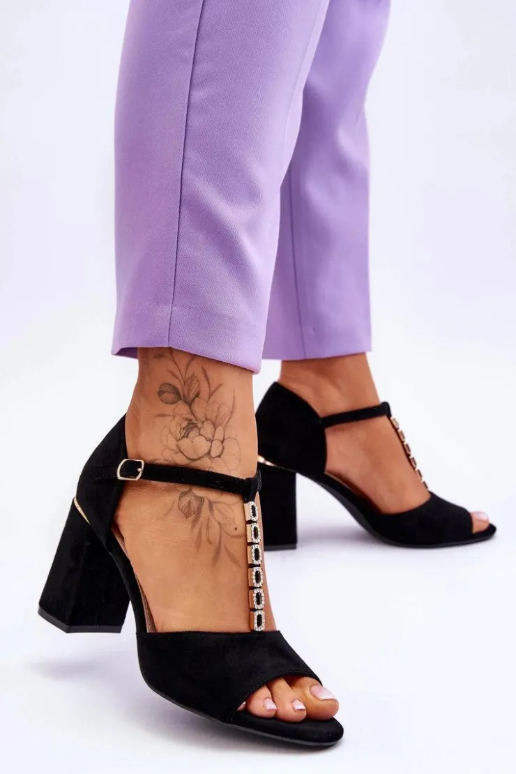 Discount Buty damskie Vinceza Zamszowe Sandały Na Obcasie Z Cyrkoniami Czarne Aniya