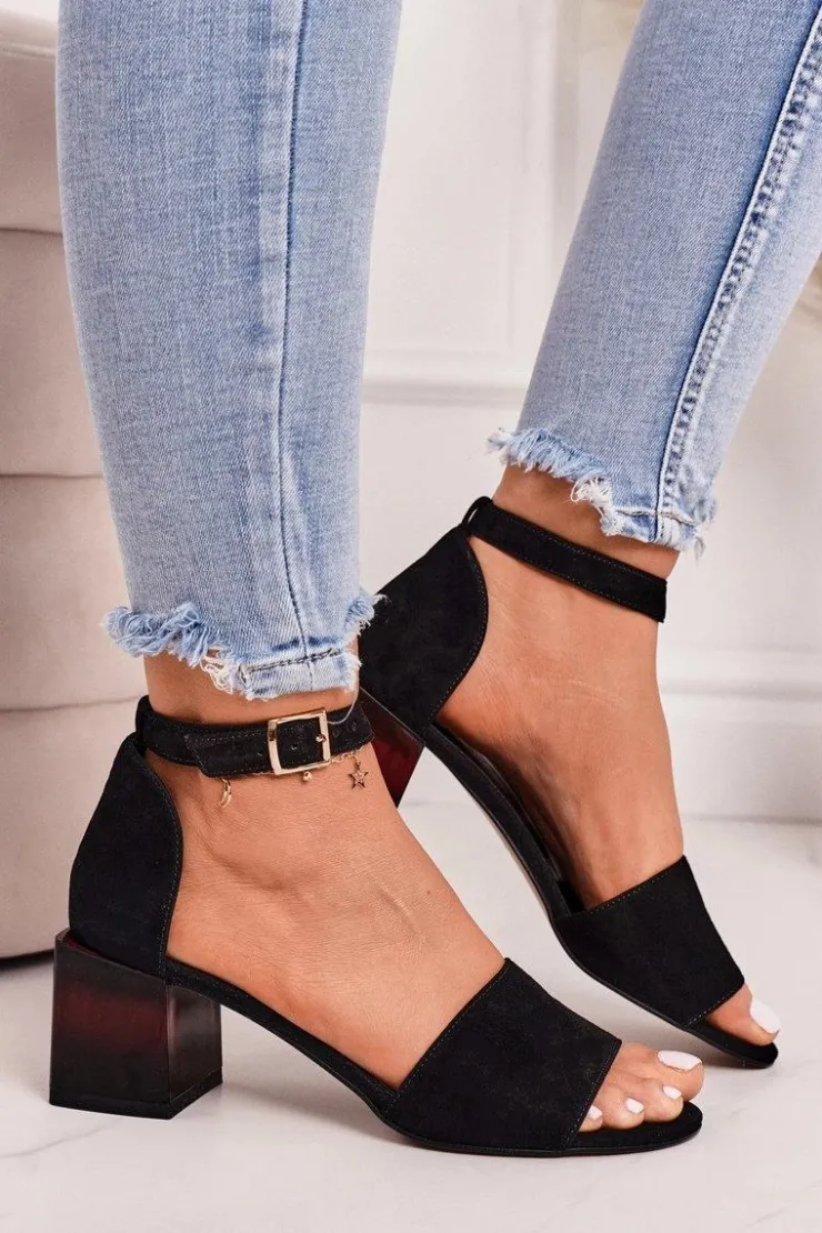 Clearance Laura Messi Zamszowe Sandały Na Obcasie 2285 Czarne