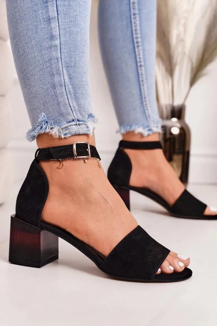 Clearance Laura Messi Zamszowe Sandały Na Obcasie 2285 Czarne