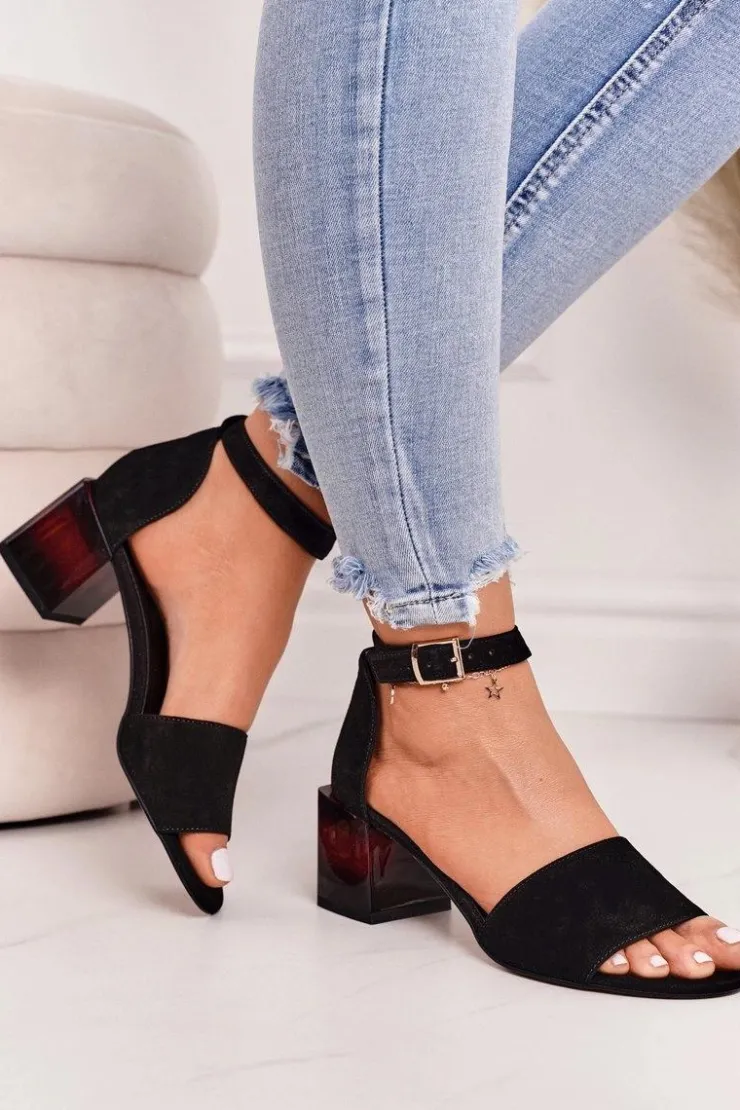 Clearance Laura Messi Zamszowe Sandały Na Obcasie 2285 Czarne