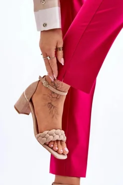 Damskie Boto Zamszowe Sandały Na Obcasie Z Ozdobnym Warkocze Beżowe Azela