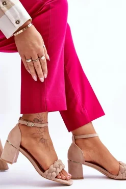 Damskie Boto Zamszowe Sandały Na Obcasie Z Ozdobnym Warkocze Beżowe Azela