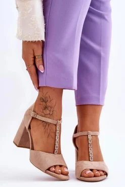 Buty damskie Vinceza Sandały Na Obcasie*Zamszowe Sandały Na Obcasie Z Cyrkoniami Beżowe Aniya