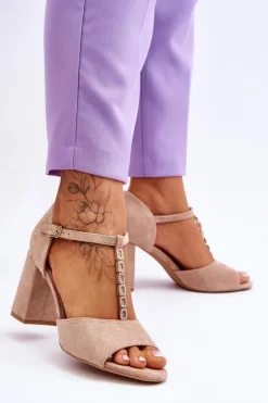 Buty damskie Vinceza Sandały Na Obcasie*Zamszowe Sandały Na Obcasie Z Cyrkoniami Beżowe Aniya