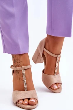 Buty damskie Vinceza Sandały Na Obcasie*Zamszowe Sandały Na Obcasie Z Cyrkoniami Beżowe Aniya