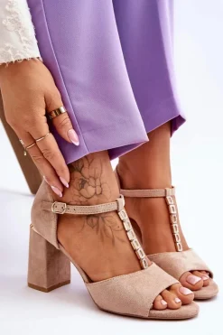 Buty damskie Vinceza Sandały Na Obcasie*Zamszowe Sandały Na Obcasie Z Cyrkoniami Beżowe Aniya