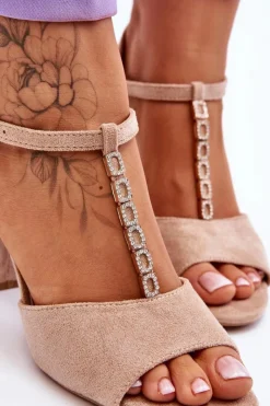 Buty damskie Vinceza Sandały Na Obcasie*Zamszowe Sandały Na Obcasie Z Cyrkoniami Beżowe Aniya