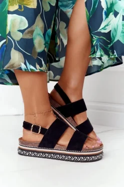 Damskie Boto Zamszowe Sandały Na Platformie Czarne Olimpia