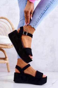 Damskie Boto Zamszowe Sandały Na Platformie Czarne Stamford