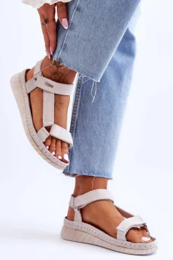 Big Star Shoes Sandały Big Star|Sandały Na Koturnie*Zamszowe Sandały Na Rzep Big Star LL276014 Białe