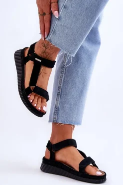 Big Star Shoes Sandały Big Star|Sandały Na Koturnie*Zamszowe Sandały Na Rzep Big Star LL276011 Czarne