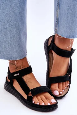 Big Star Shoes Sandały Big Star|Sandały Na Koturnie*Zamszowe Sandały Na Rzep Big Star LL276011 Czarne