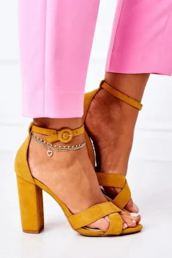 Damskie Boto Zamszowe Sandały Na Słupku Żółte Destino