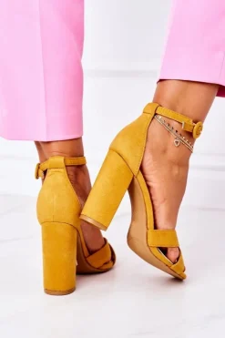 Damskie Boto Zamszowe Sandały Na Słupku Żółte Destino