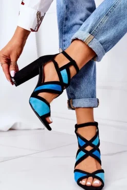 Boto Sandały Na Obcasie*Zamszowe Sandały Na Słupku Czarno-Niebieskie Emolly