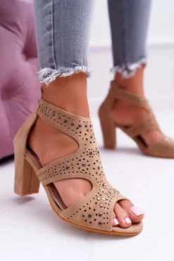 Damskie Boto Zamszowe Sandały Na Słupku Lu Boo Beżowe