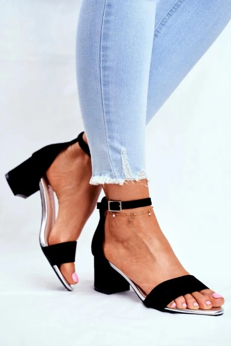 Hot Buty Sergio Leone Zamszowe Sandały Na Słupku Sergio Leone SK839 Czarno-Srebrne